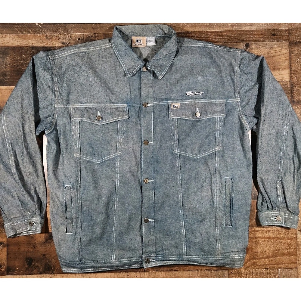 Vintage Culture Jean Jacket Mens 2XL Blue Denim Y2K Button Pockets Hip Hop